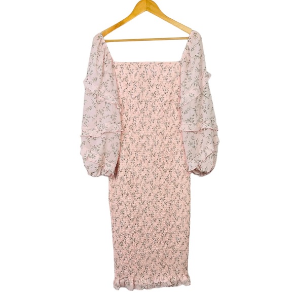 Two Sisters Label Midi Dress Shirred Stretch Bodycon Pink Floral Cocktail Size 8 - Picture 6 of 13